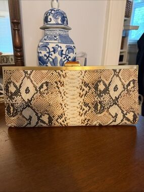 RACHEL Rachel Roy Brown and Gold Snakeskin Frame Clutch